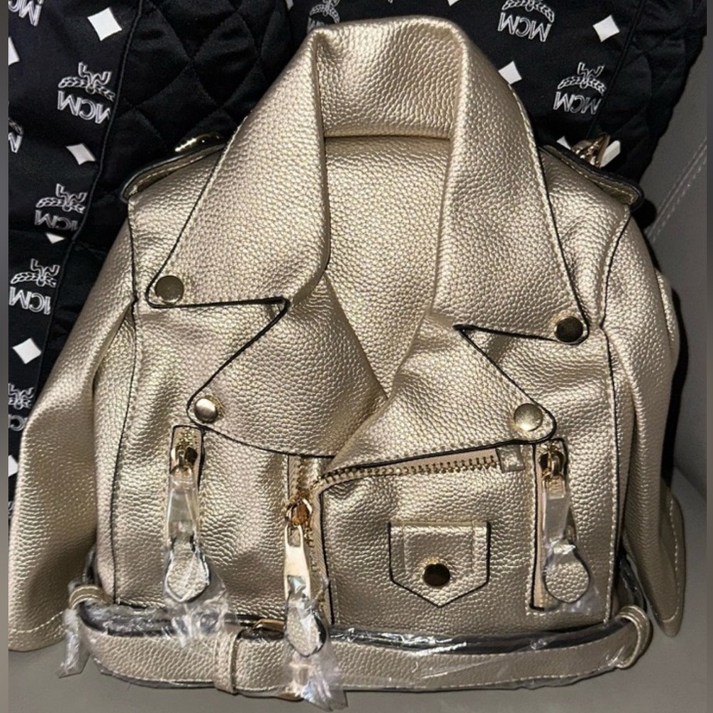 Vegan Gold Metallic Motorcycle Jacket Backpack